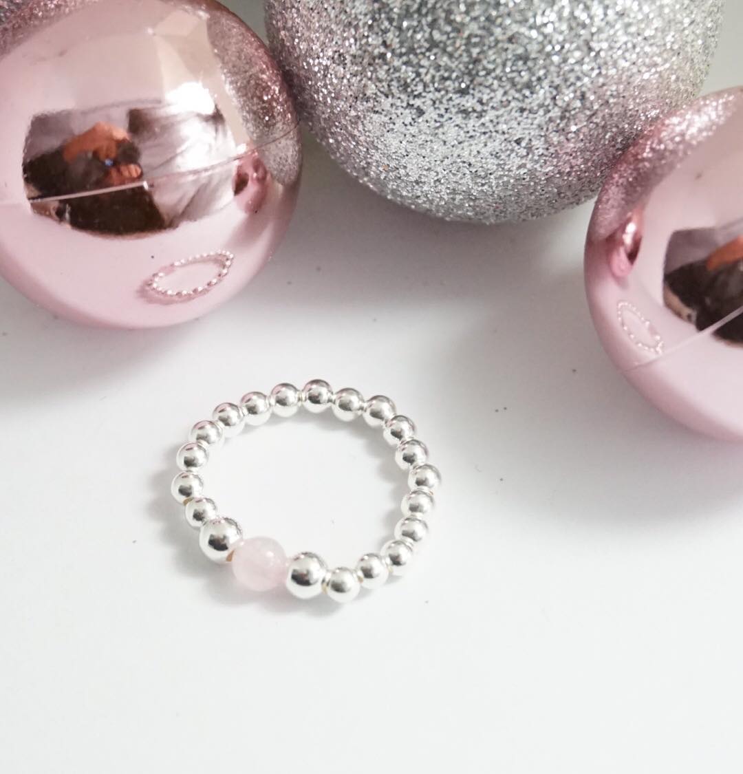 'For Kate' Sterling Silver Stretch Ring with Rose Quartz Bead