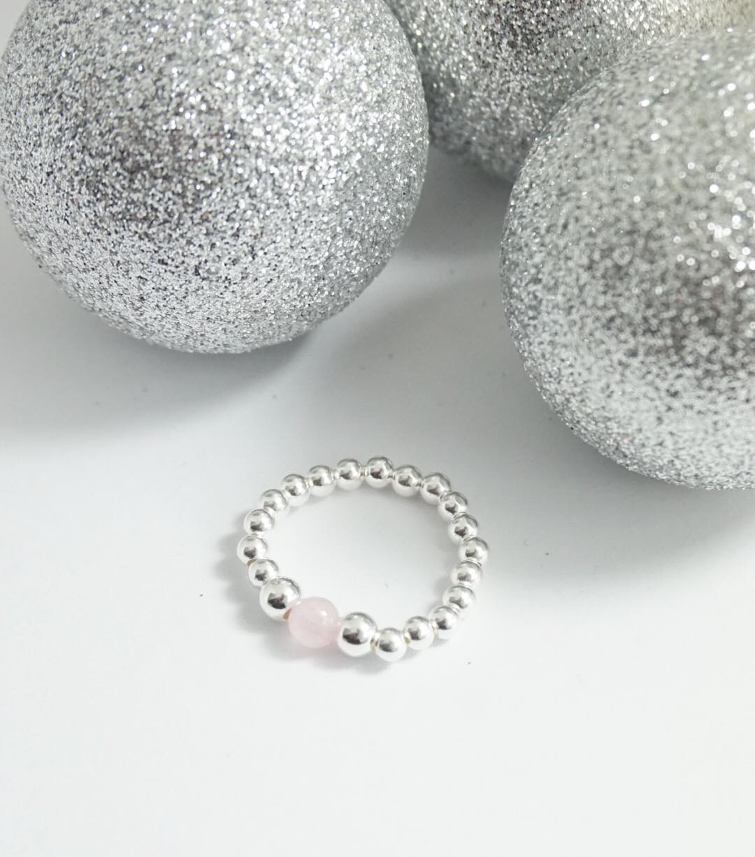 'For Kate' Sterling Silver Stretch Ring with Rose Quartz Bead