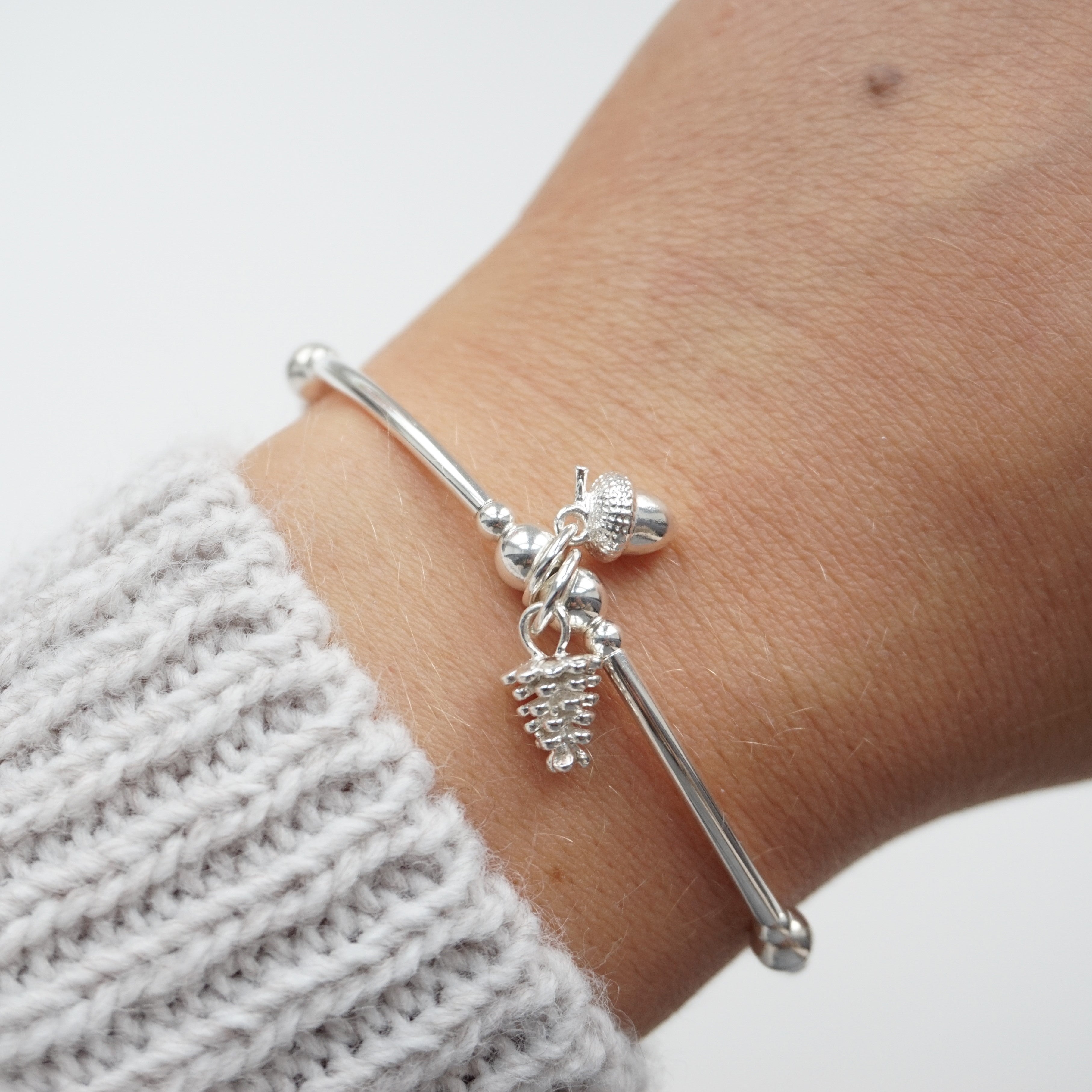 Sterling silver autumnal bracelet with pine cone and corn charms