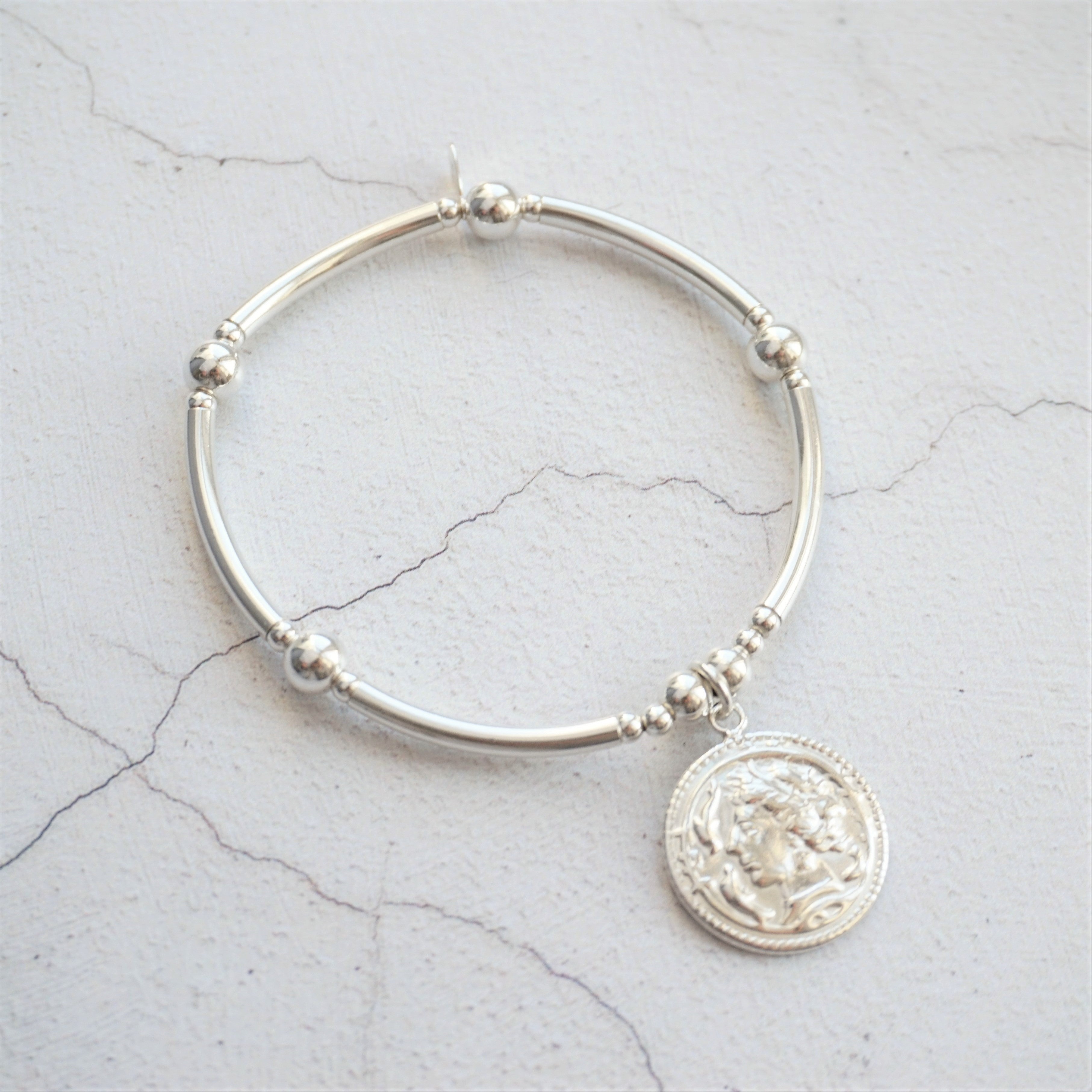 sterling silver chunky noodle bracelet with roman disc