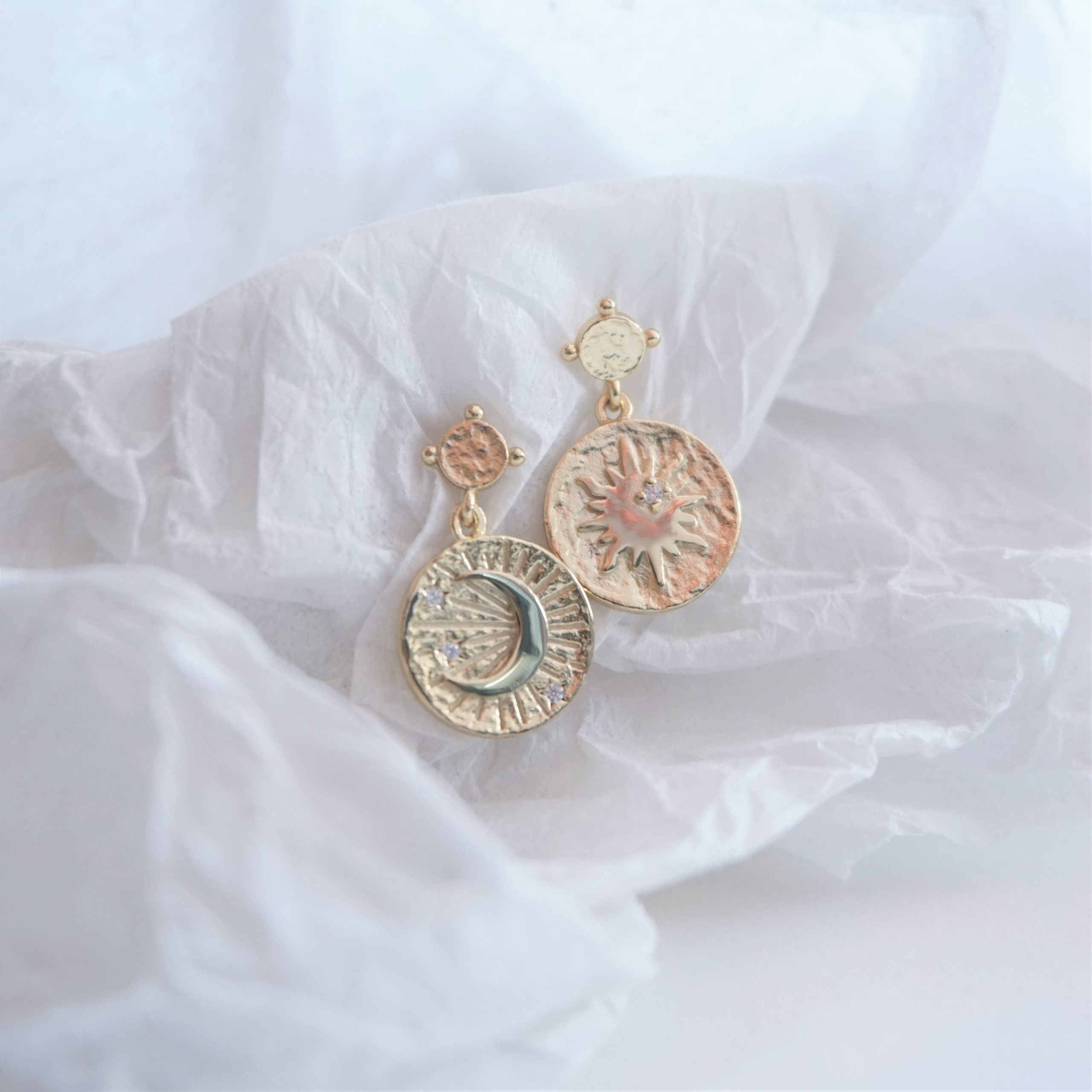 gold sun and moon drop earrings