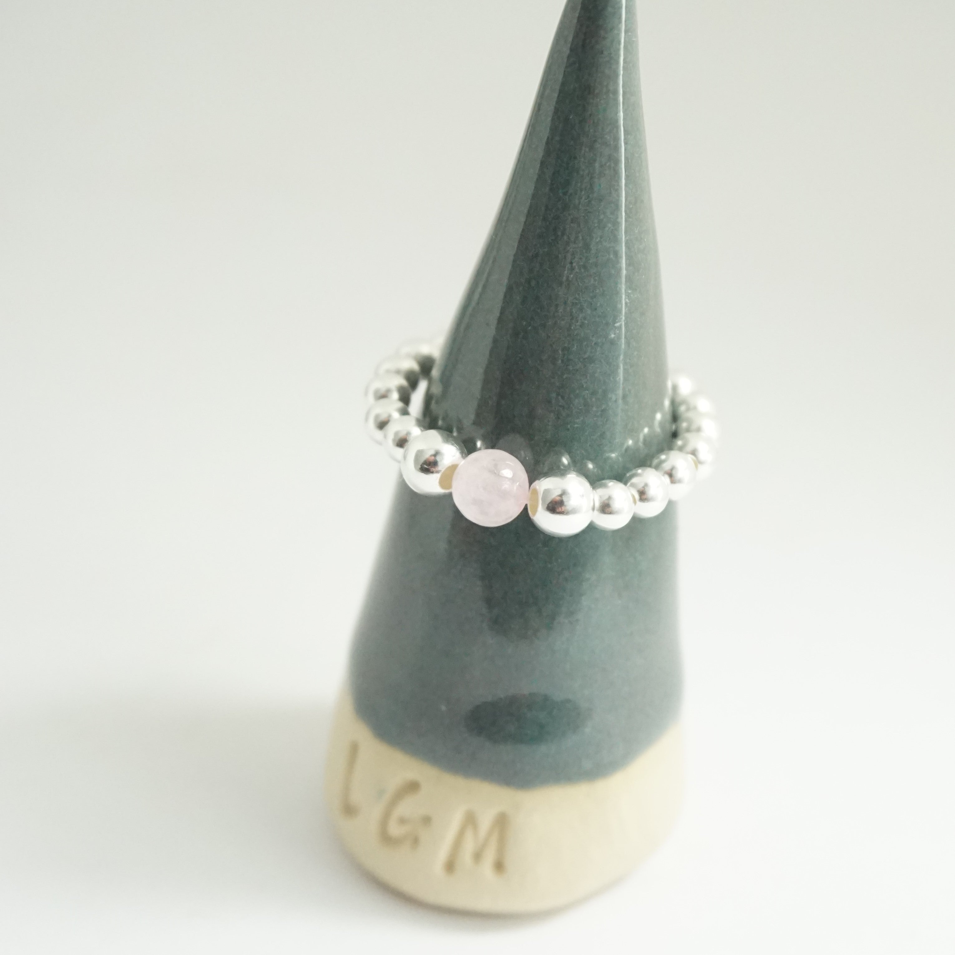 'For Kate' Sterling Silver Stretch Ring with Rose Quartz Bead