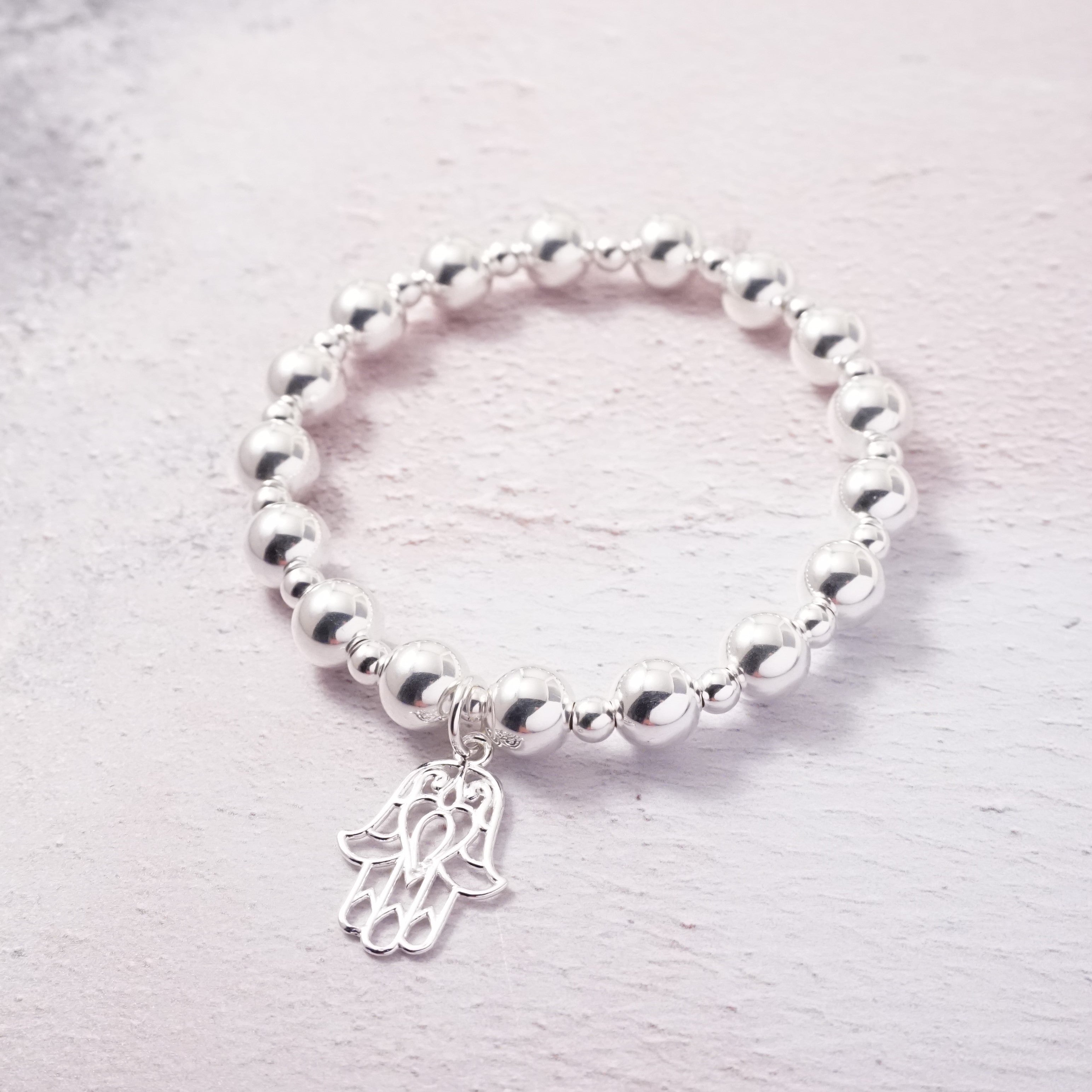 Sterling Silver Chunky Stretch Bracelet with Large Hamsa Charm