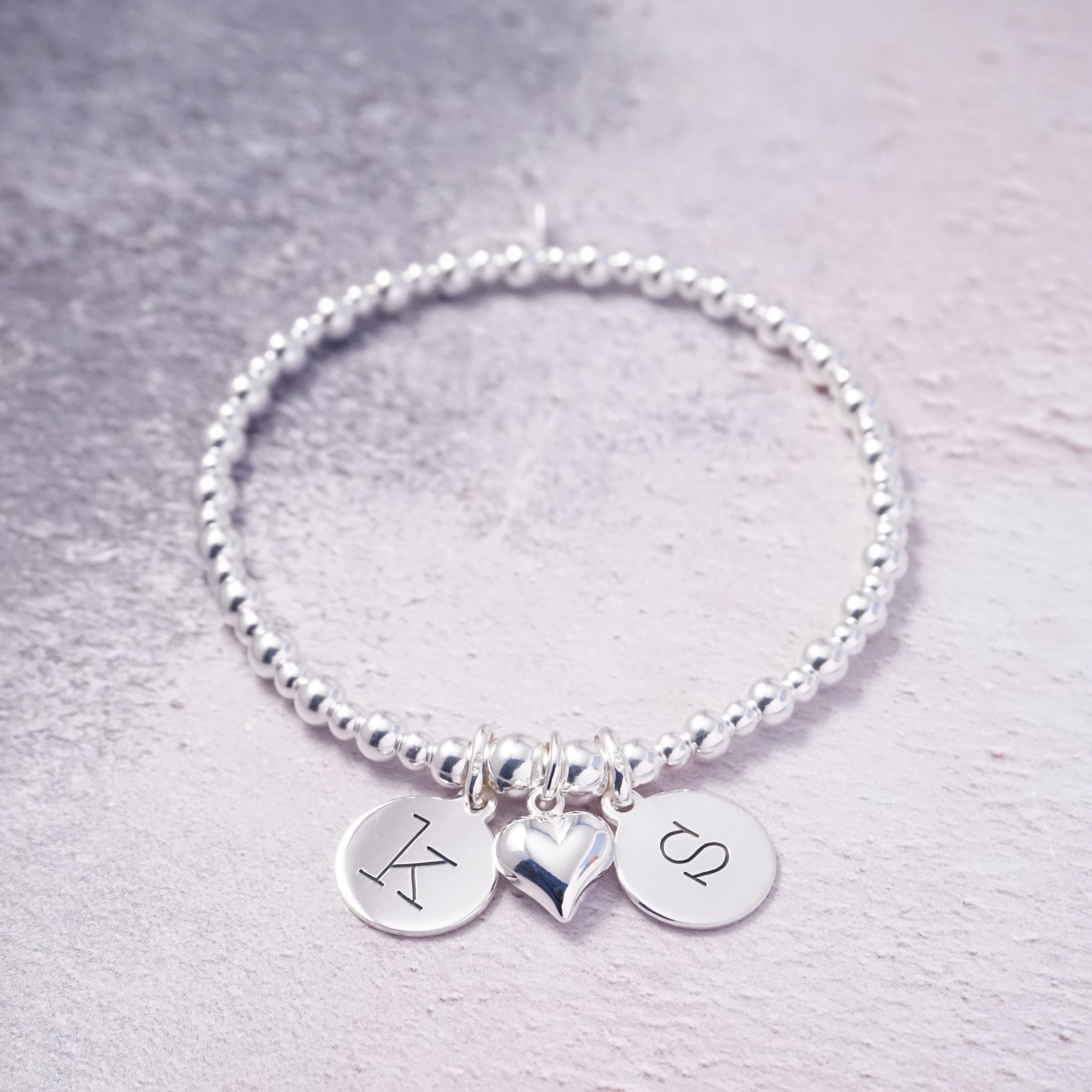 Sterling Silver Stretch Bracelet with Two Lowercase Initial Charms and Heart Charm