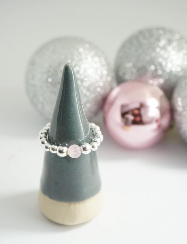 'For Kate' Sterling Silver Stretch Ring with Rose Quartz Bead