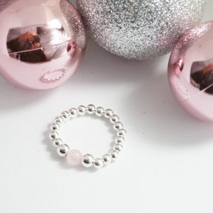 'For Kate' Sterling Silver Stretch Ring with Rose Quartz Bead