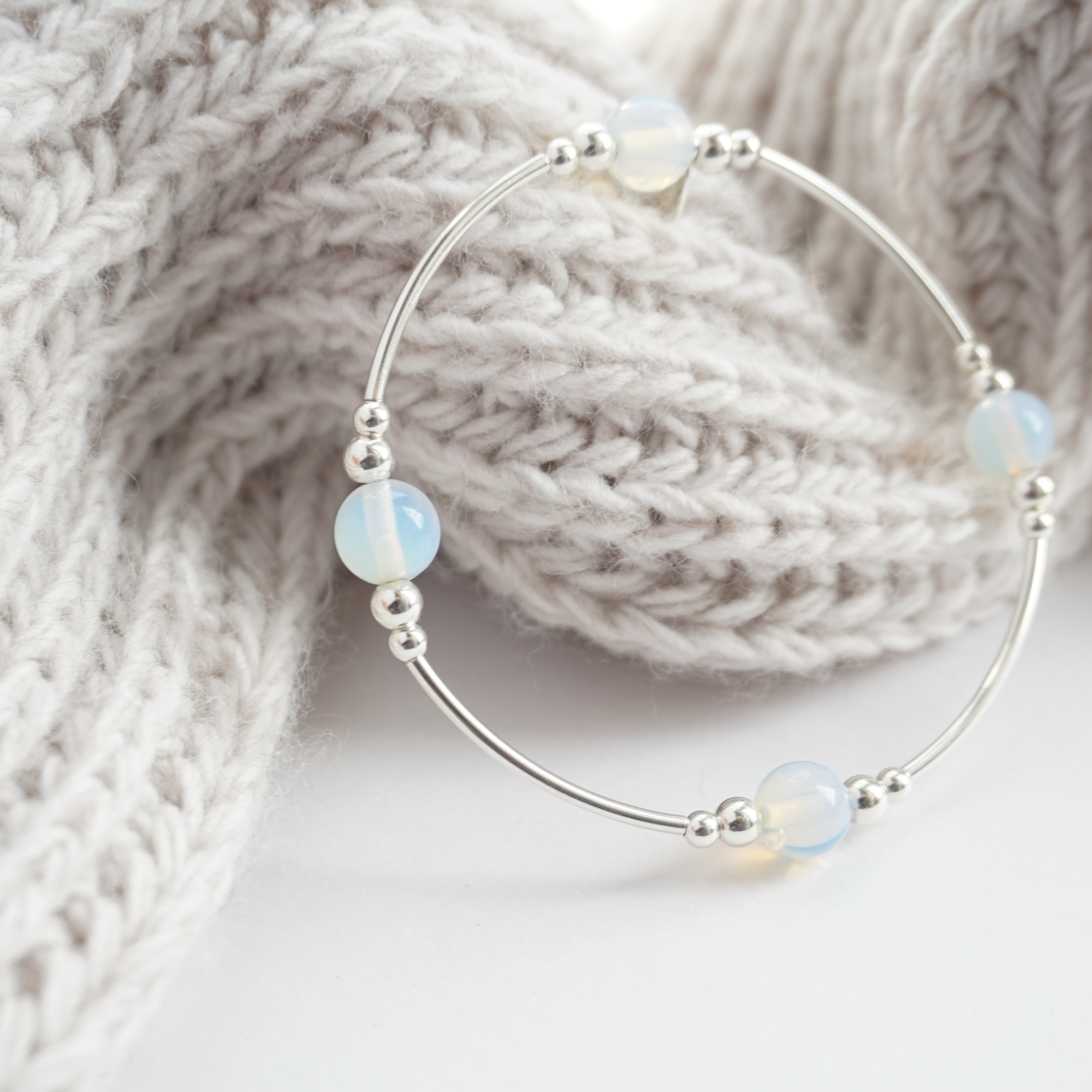 sterling silver noodle bracelet with opalite beads