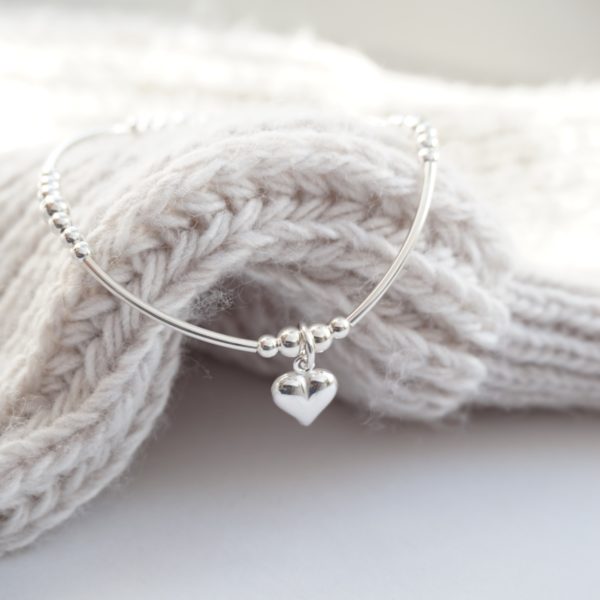 Sterling silver noodle bracelet with heart charm