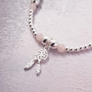 Sterling Silver Stretch Bracelet with Rose Quartz Beads and Dreamcatcher Charm