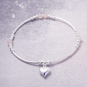 Sterling Silver Stretch Noodle Bracelet with Rose Quartz Beads and Heart Charm