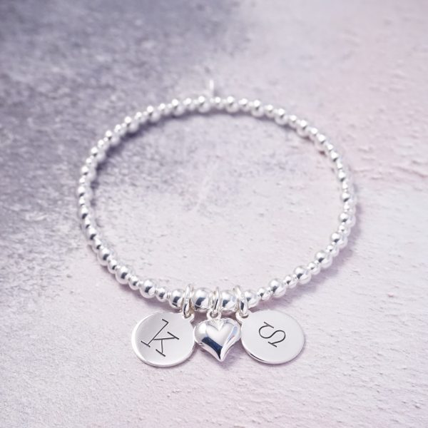 Sterling Silver Stretch Bracelet with Two Lowercase Initial Charms and Heart Charm