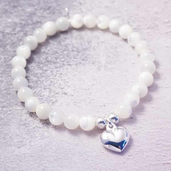 Sterling Silver Stretch Bracelet with Mother of Pearl Beads and Heart Charm