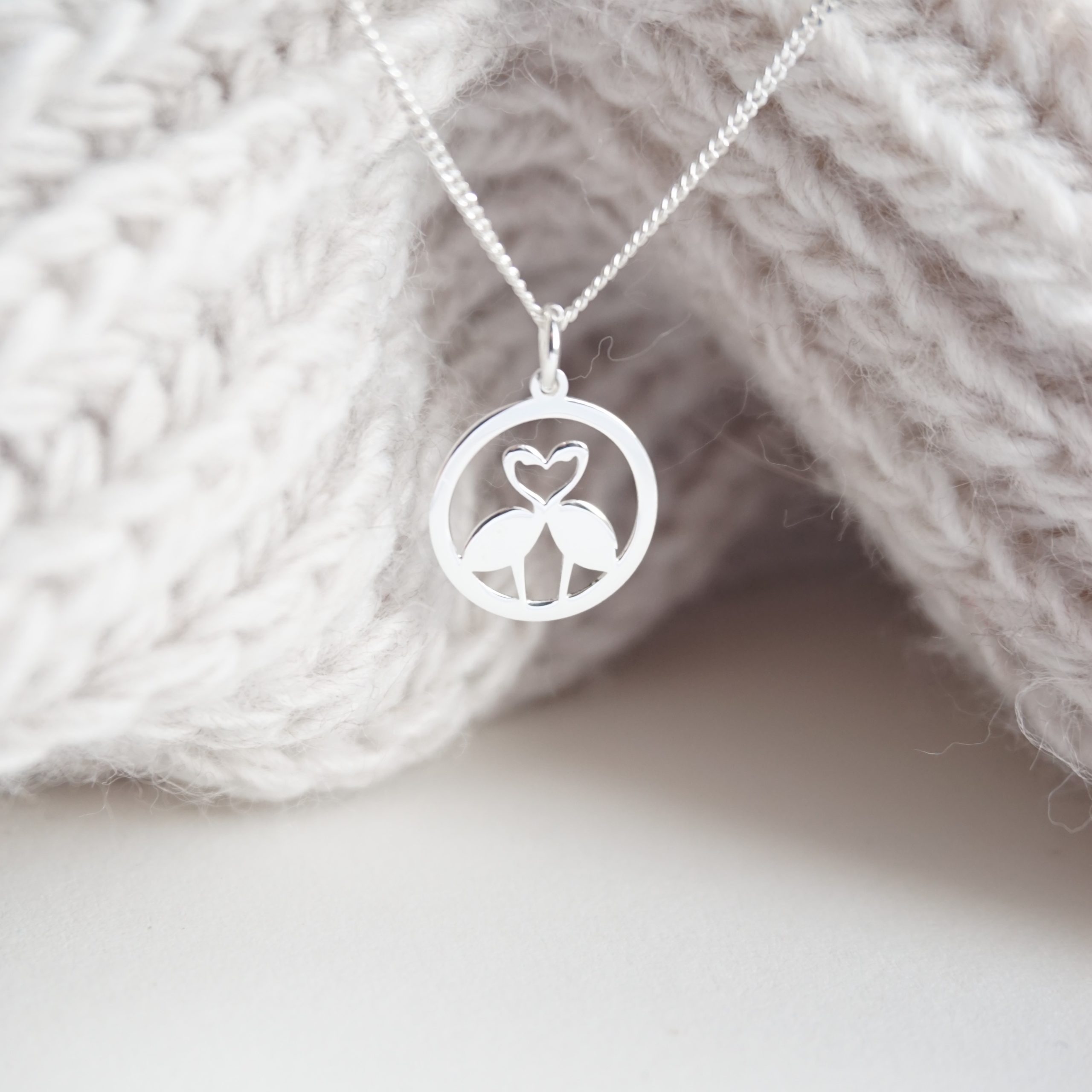 sterling silver necklace with flamingo heart charm