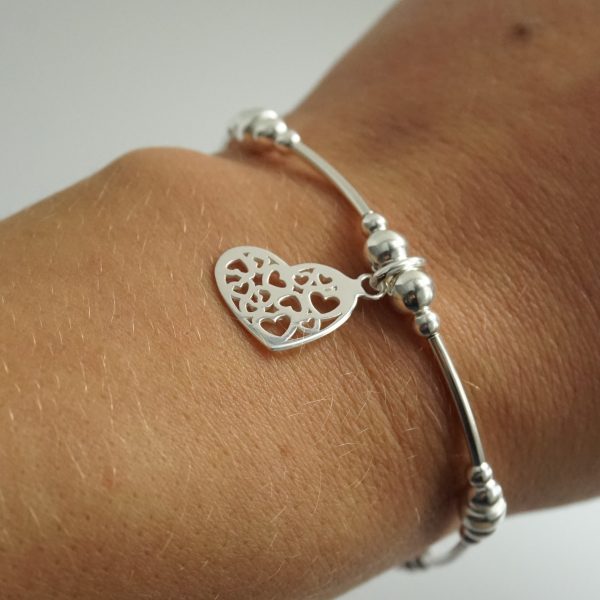 Sterling Silver Stretch Noodle Bracelet with Hearts in Heart Charm
