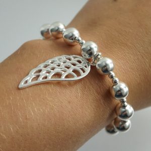 Sterling Silver Chunky Stretch Bracelet with Large Angel Wing Charm