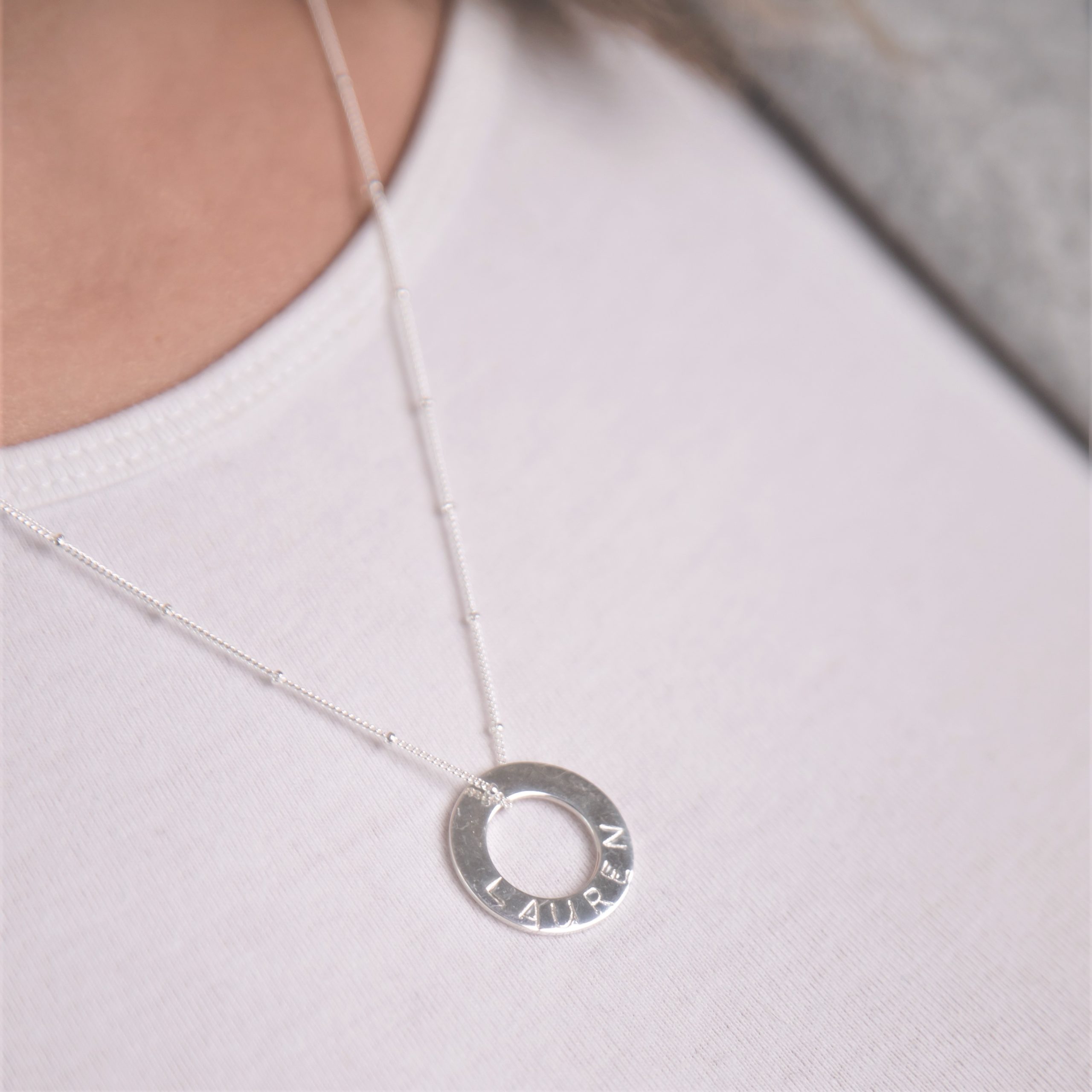 sterling silver necklace with stamped washer disc