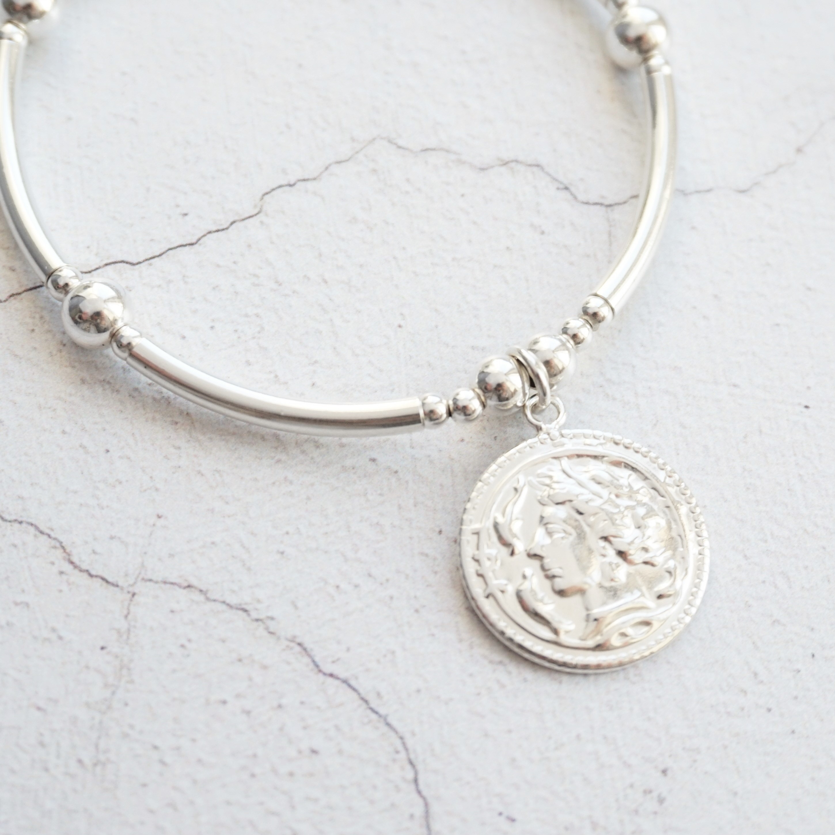 sterling silver chunky noodle bracelet with roman disc