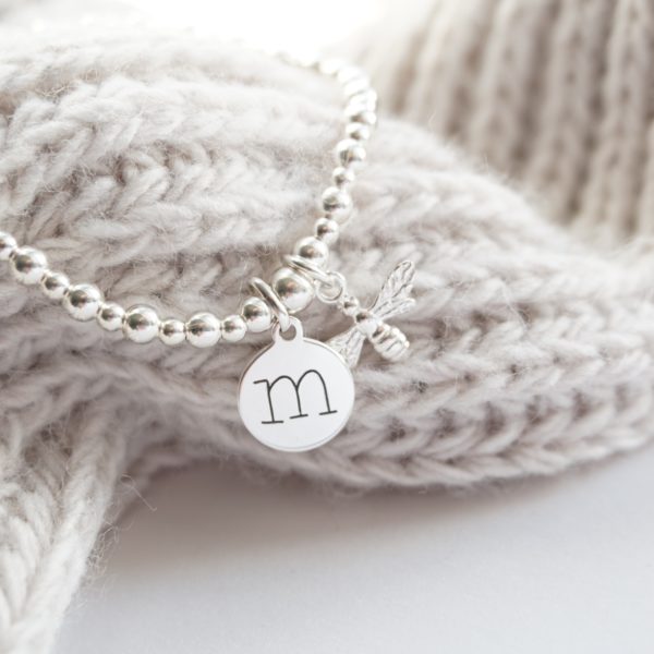sterling silver bracelet with lowercase initial and bumble bee charm