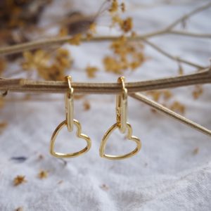 gold hanging heart hoop earrings